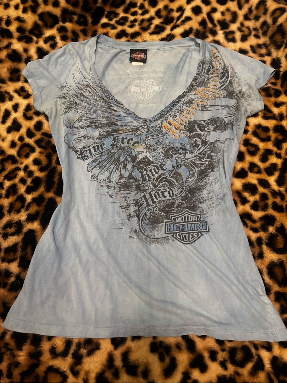 Y2K Harley-Davidson Women's Light Blue V-Neck Graphic Tee Size L